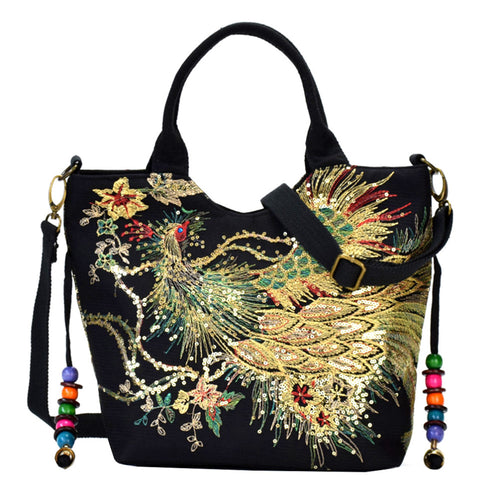 Canvas Shoulder  Peacock Embroidery Handbag Stylish Bags